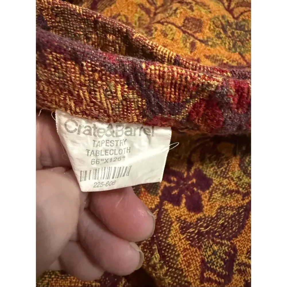 Crate and Barrel Tapestry Tablecloth 126” X66” Warm Fall Floral Colors W/ Fringe